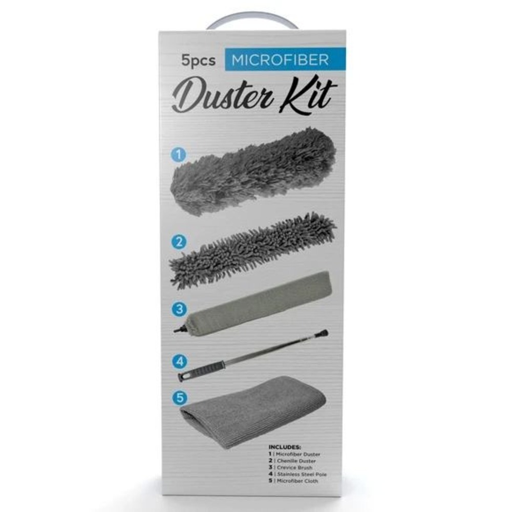 5pc Microfiber Duster Kit Extendable Stainless Steel Pole 17-96in Grey CA213